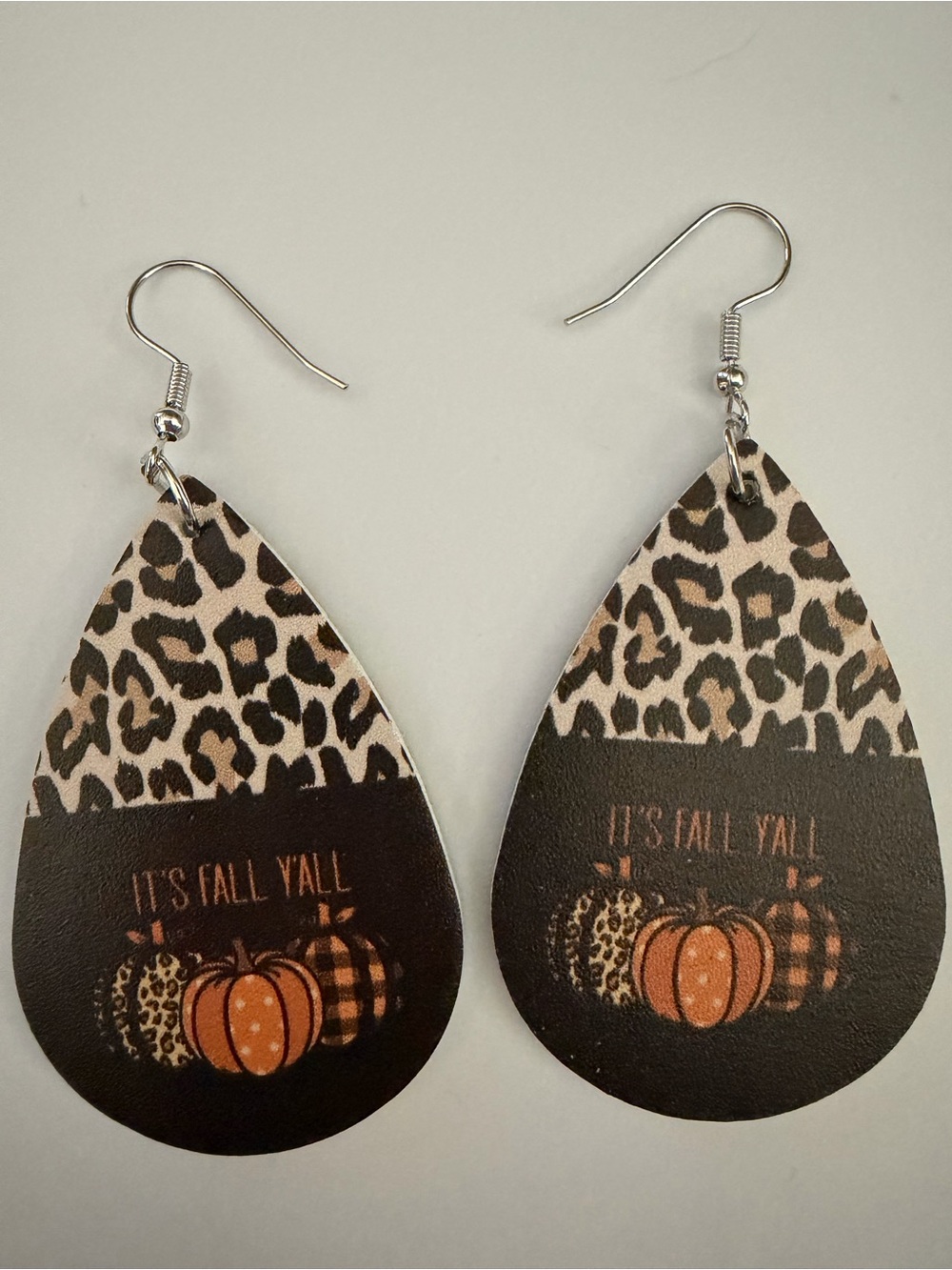 Fall Leopard Print Teardrop Earrings with Pumpkin Design - Black and Tan